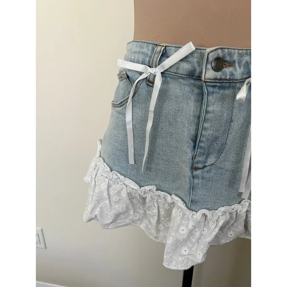 Vintage Y2K‎ Sweet Society Eyelet Ruffle Denim Mini Skirt